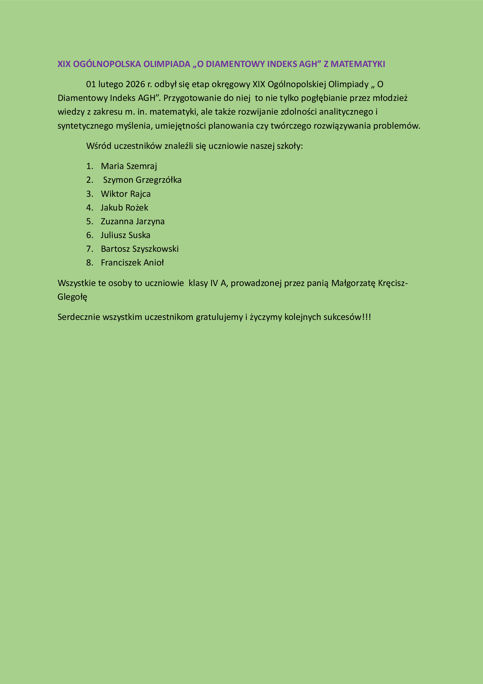 XIX OGÓLNOPOLSKA OLIMPIADA „O DIAMENTOWY INDEKS AGH” Z MATEMATYKI